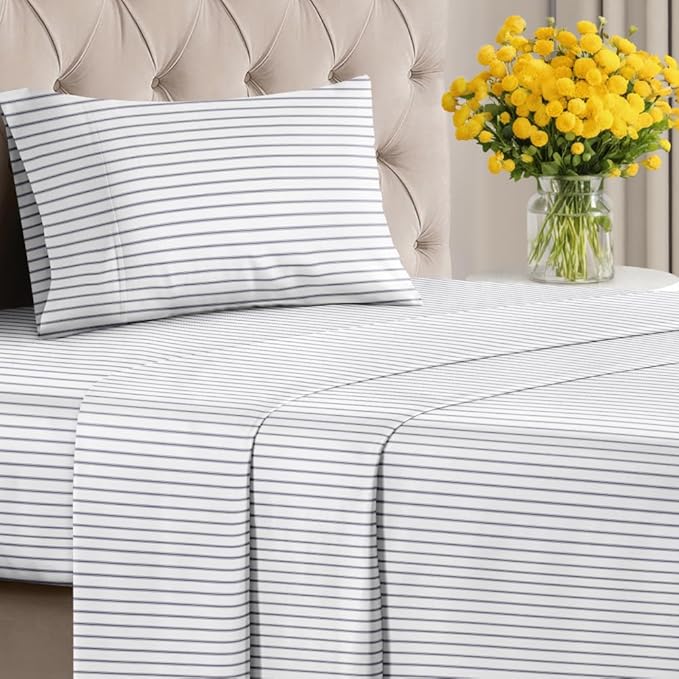 Blue and White Striped Sheets - 1 Flat & 1 Fitted Sheet & 1 Pillowcase w/ Deep Pockets - Cozy, Wrinkle & Fade Resistant - Ultra-Soft, Breathable & Cooling - Luxury Pinstripe Bedding - Twin Size