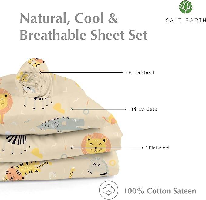 Salt Earth 100% Cotton 210TC Kids Bedsheet, Twin Sheets Set for Toddler Bed, 3 Piece Bedding Set Including Flat Sheet, Fitted Sheet, and Pillowcase, Themed Sheets for a Playful Kids Bed (Summerland)