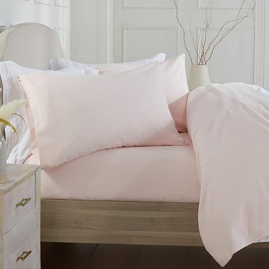 Market & Place 100% Turkish Cotton Flannel Sheet Set | 4 Piece Deep Pocket Solid Cozy Winter Bed Sheets | Double Brushed for Extra Softness & Comfort | Chalet Collection (Queen, Blush Pink)