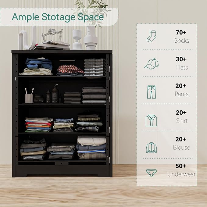 Dresser for Bedroom with Power Outlets Wood 4 Drawer Dresser with Large Organizer Tall Chest of Drawers Closet for Bedroom Living Room Kids Room Hallway