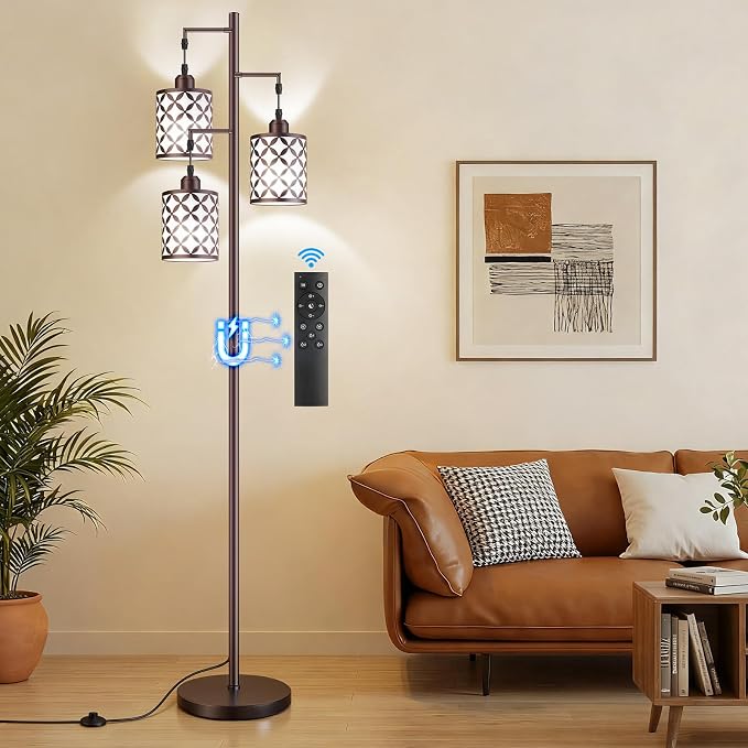 Dimmable Floor Lamp, Farmhouse Standing Lamp with Elegant Metal Cage, Industrial Tall Tree Floor Lamps for Living Room, Bedroom, Study Room, Office, 3 x 1100LM LED Bulbs Included, 72",Brown