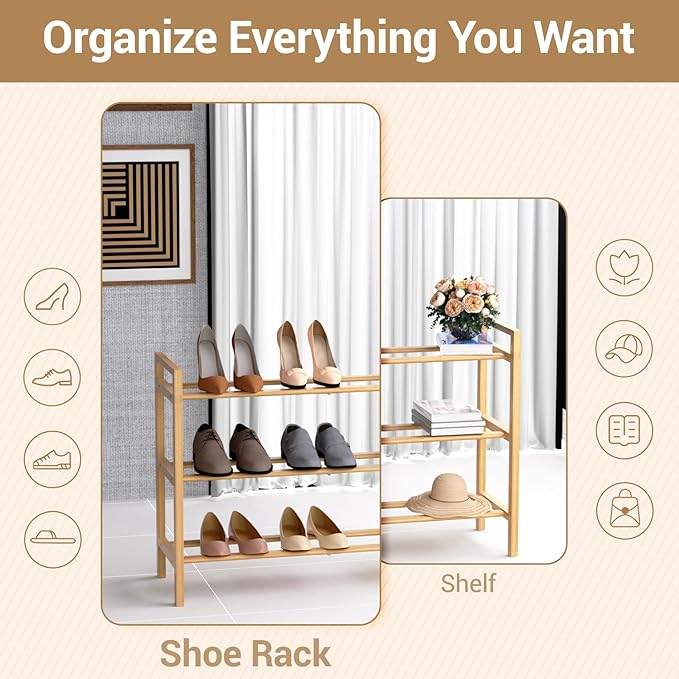 Haddockway Bamboo Shoe Rack for Closet, Free Standing Shoe Organizer with Smooth Round Rods & Convenient Handles, Stackable Shoe Storage Shelf for Entryway, Hallway(Natural, 3-Tier)