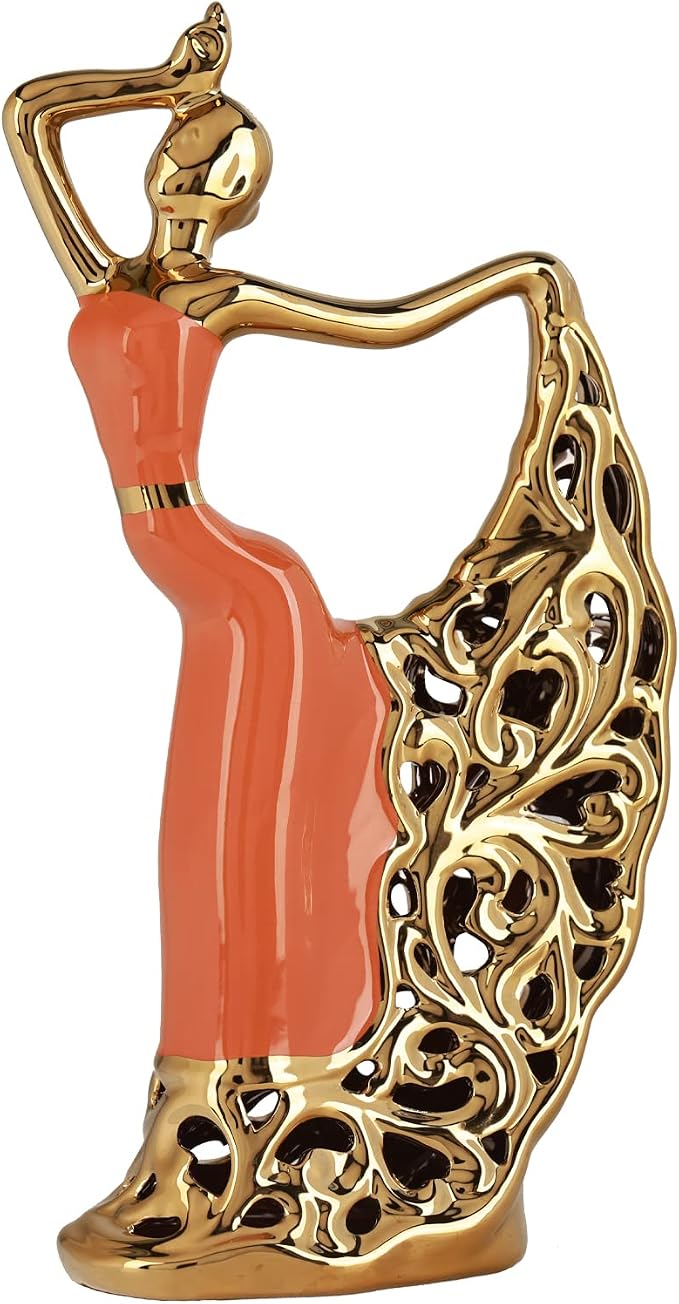 DOVDOV Abstract Ceramic Dancer Decorations, Orange and Gold Home Living Room Decorations for Coffee Table Entryway Bedroom Dresser Display Stand Decoration