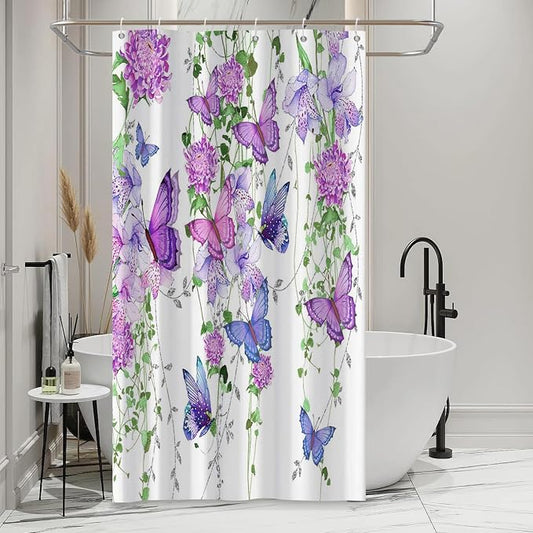 Violet Butterfly Floral Shower Curtain Spring Lavender Shower Curtain Lilac Pink Floral Bathroom Decor Waterproof Polyester Fabric with 10 Hooks,54x72 Inches