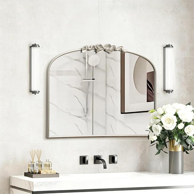 Besdomus Vintage Arched Large Mirror: 36"x29" Champagne Silver Bow Antique Wall Mounted Mirror - Baroque Traditional Ornate for Fireplace/Bathroom/Living Room - Home Decor for Fashion-Conscious