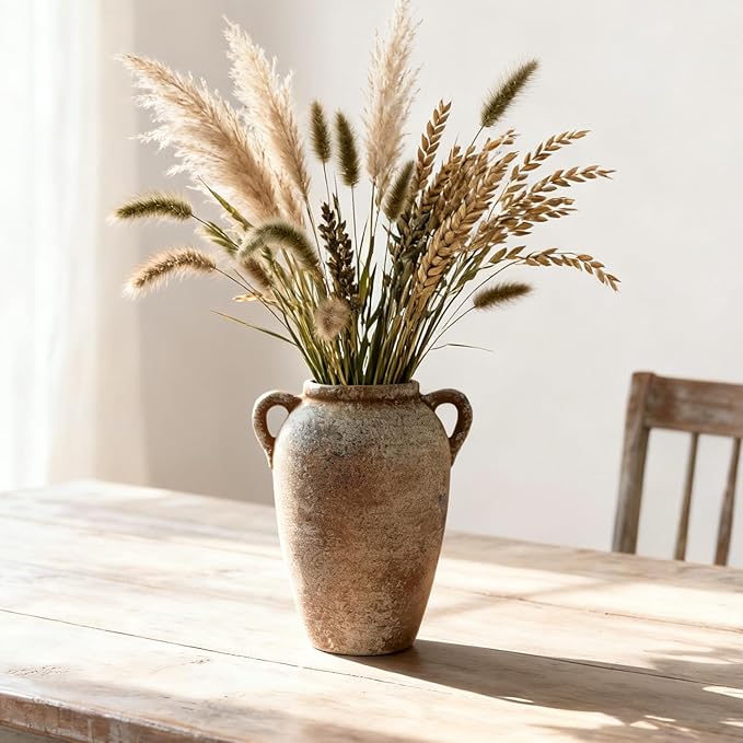 Ceramic Flower Vase with Handles Home Decor - 9 Inch Farmhouse Rustic Table Vases Living Room Decoration Decorative Vintage Pottery for Kitchen Shelf Dining Bookshelf Fireplace Centerpiece (Rustic-9")