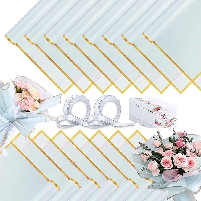 40 Sheets Sky Blue Flower Wrapping Paper, Gold Edge Waterproof Floral Wrapping Paper, 22.8x22.8 inch Bouquet Paper Wrap with 2 Rolls Ribbon for Wedding Birthday Gift DIY Crafts Florist Supplies