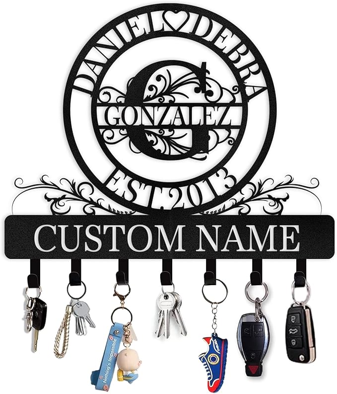 Kotagi Personalized Metal Key Holder for Wall, Custom Family Name Key Rack Holder Wall Mount, Metal Key Hooks with Monogram Design, Key Hanger for Hallway Bedroom, Anniversary Couple Gift
