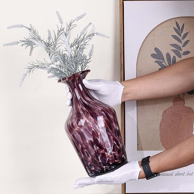 Hand Blown Glass Vase Plum – Murano Style Art Glass Vase with Wide Mouth for Flowers, Bubble Vase, Decorative Centerpiece for Dining Table, Coffee Table or Living Room Display (Purple)