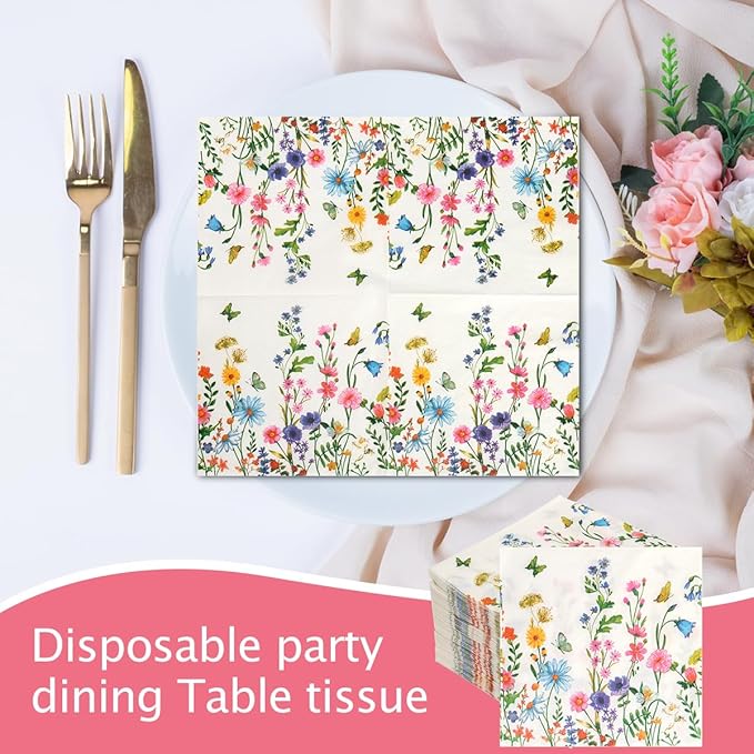 200Pcs Floral Paper Napkin Disposable Bathroom Napkins Guest Spring Flower Paper Napkins Decorative Wild Flower Hand Towels for Bathroom Wedding Birthday Party Baby Shower