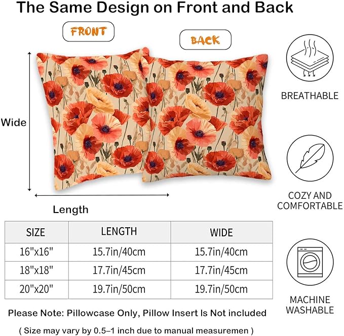 Floral Throw Pillow Covers Set of 2 | Poppy Flower Print Decorative Cushion Cases for Couch, Sofa, Living Room and Bedroom | Square 18x18 Inches | Zipper Closure Pillowcases