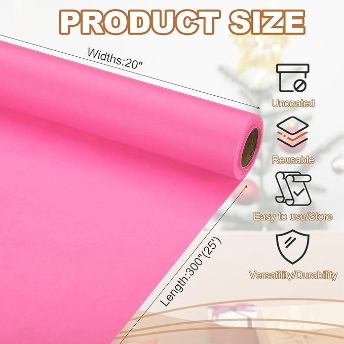 PATIKIL Wrapping Paper, 20" x 300"(25') 70 GSM Craft Paper Roll Kraft Packing Paper for Poster Bulletin Board, Gift Wrapping, Pink