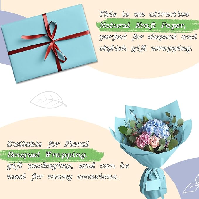 BAIJIALI 36" x 2,400" (200') Kraft Paper Roll for Craft Bulletin Board Paper Art Table Covering Crafting Gift Wrapping Bouquet Packing Parcel (Light Blue, 36" x200')