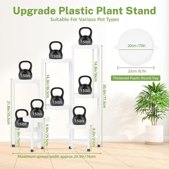 iDavosic.ly 8 Tier Folding Plant Stand Indoor Outdoor with Plastic Tray, Tiered Corner Flower Holder Shelf, Metal Orchid Display Rack for Patio Porch Living Room Garden Balcony, White