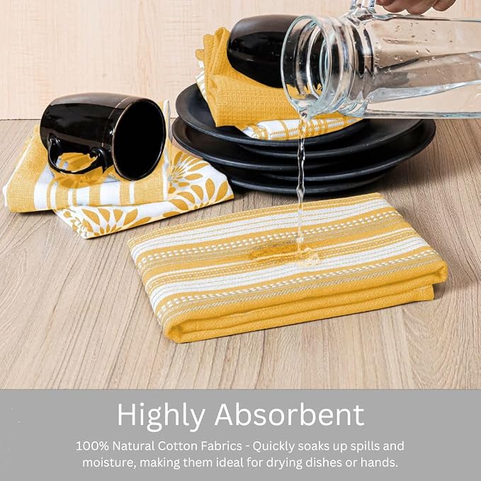 WeWove Assorted Kitchen Towels Set of 5 - 100% Cotton Dish Cloths Towels with Hanging Loop - Soft Absorbent Washable Reusable for Kitchen Use - Quick Drying 16x26 inch Dish Towels Mustard Yellow