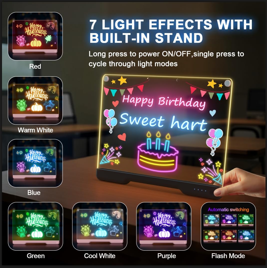 Skiennix Portable LED Note Board - 16-Inch Rechargeable Doodle Glow Memo with 7 Light Effects | Includes 5 Markers & Sketchbook