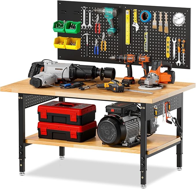 60“ Adjustable Height Workbench Work Bench for Garage Work Table with Under Table Shelf Heavy Duty Rubber Wood Top for Shop Woodworking, Office, Home, Commercial