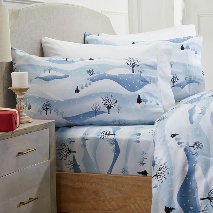 Market & Place 100% Cotton Twin Flannel Sheet Set | 3 Piece Deep Pocket Novelty Cozy Winter Bed Sheets | Double Brushed for Extra Softness & Comfort | Alpine Collection (Twin, Winter Landscape)