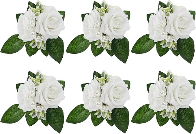Meldel White Ivory Rose Floral Shoulder Corsages & Boutonniere for Men Wedding, Set of 6, Bride Bridal Bridesmaid Groom Groomsmen Boutineers for Ceremony Anniversary Party Prom Boutonniere