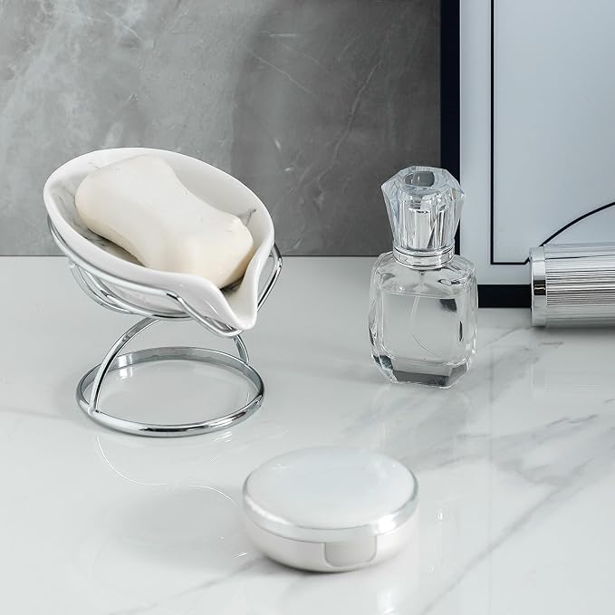 Dobbyby Leaf-Shaped Soap Dish – Ceramic Soap Bar Holder with Self-Drainage System – Bar Soap Holder for Shower, Bathroom Sink, Kitchen – Soap Dish with Stainless Steel Stand (White-Sliver-2 Pack)