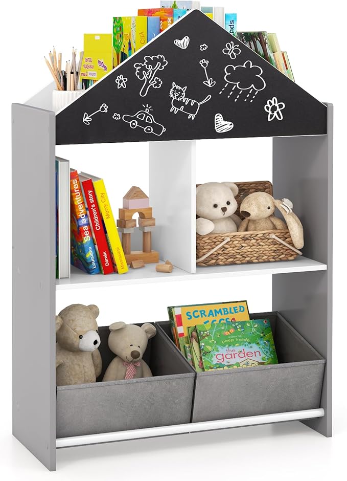 HONEY JOY Toy Storage Organizer, Wooden Dollhouse Bookcase w/Blackboard, Whiteboard, Storage Bins, Toddler Book Shelf, Children Toy Display Chest Cubby, Kids Bookshelf for Playroom Nursery (Gray)