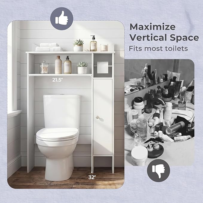Tangkula Over The Toilet Storage Cabinet, Bathroom Above Toilet Cabinet with Toilet Paper Holder, Adjustable Shelves, Freestanding Space Saver, Bathroom Cabinet Organizer for Restroom, Laundry (White)