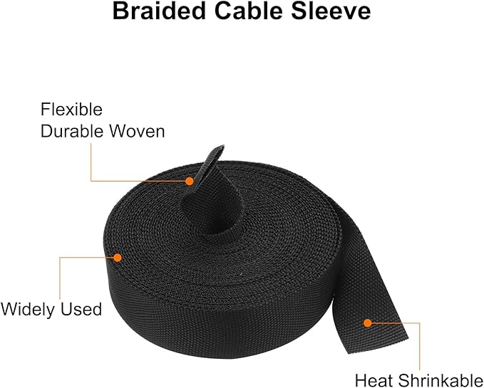 MECCANIXITY Braided Cable Sleeves Heat Shrinkable Fabric Sleeving, 7/8" 33ft Black 2:1 Ratio Heat Shrinkable Cord Protector for Harness Cable, Network Cable Protection, Cable Management