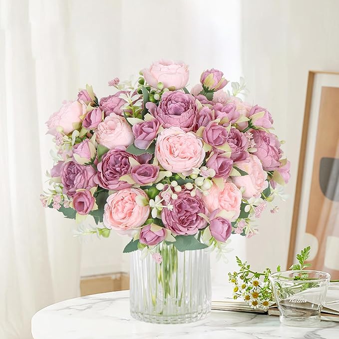SOMYTING Peonies Artificial Flowers, Fake Flowers Pink Peonies Faux Flowers Vintage Artificial Silk Flower Peonies Bouquets Floral Arrangements Home Wedding Party Coffee Table Decor (Mixed pink, 2PCS)