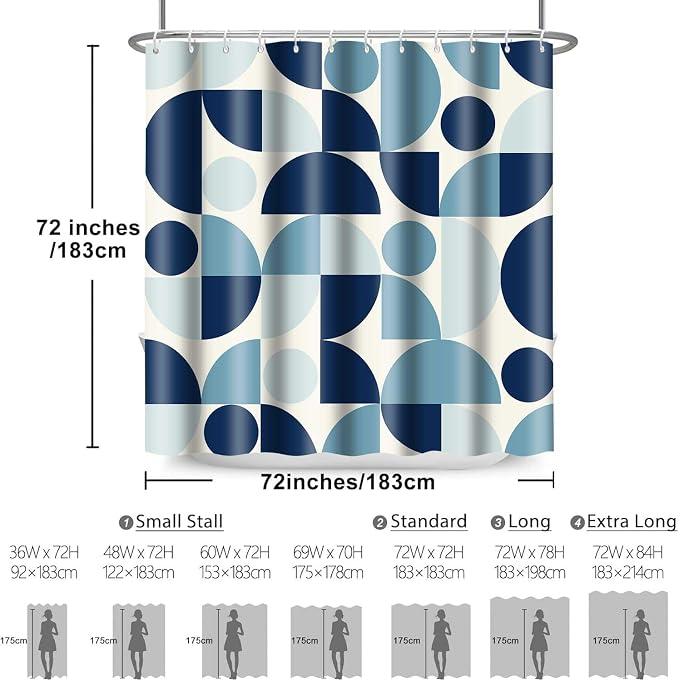 Vintage Blue Mid Century Modern Shower Curtain Boho Abstract Geometric Art Shower Curtains for Bathroom Decor 72x72 Inch Colorful Unique Pattern Washable Fabric Bathroom Set with 12 Hooks