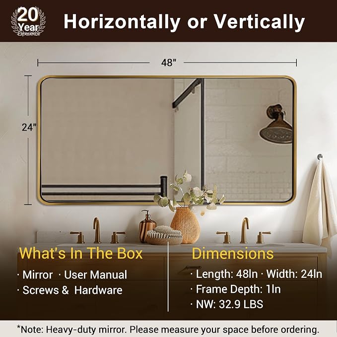 ANDY STAR 24x48’’ Gold Bathroom Mirror, Brushed Brass Mirrors for Bathroom Sink, Rounded Rectangle Mirrors Oblong, Rustproof Tube Metal Framed, 1’’ Deep Wall Mounted Vertical/Horizontal, Home Remodel