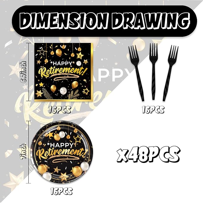 48pcs Retirement Party Decoration Set,16 Dessert plate,16 Napkin And 16 Fork,16 persons Black Gold Disposable tableware,Black Gold Retirement Party Supplies