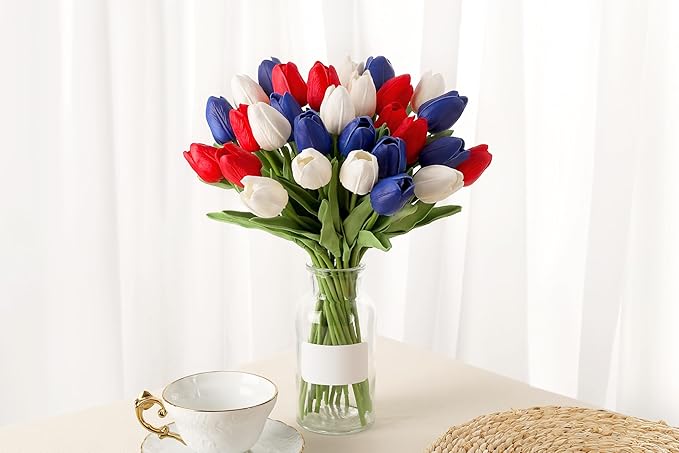 20pcs Artificial Tulips Patriotic Flowers for 4th of July Decor Fake Tulip Independence Day Slik Tulips Memorial Day Table Centerpiece Decor(Red White and Blue Flowers)