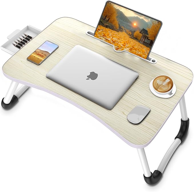 Fayquaze Portable Foldable Laptop Bed Desk with Storage Drawer and Cup Holder - Lap Desk Laptop Stand Tray Table for Eating, Reading and Working