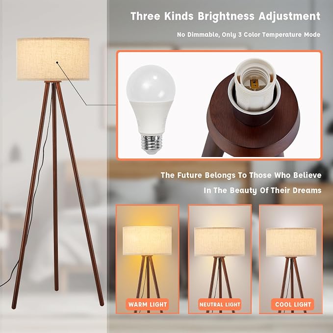 BTP Wood Tripod Floor Lamp for Living Room, 3 Color Temparature Bulb Included, Mid Century Modern Wooden Floor lamp with Linen Shade for Bedroom, Office, ETL Listed Walnut Wood Color