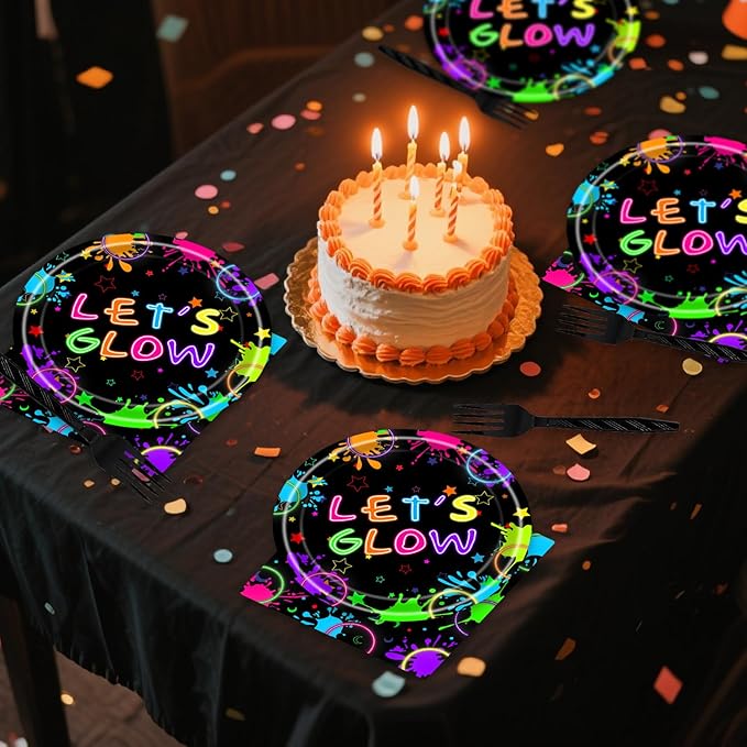 48pcs Neon Party Decoration Set,16 Dessert plate,16 Napkin And 16 Fork,16 persons Disposable tableware,Used Let Glow Birthday Party Supplies