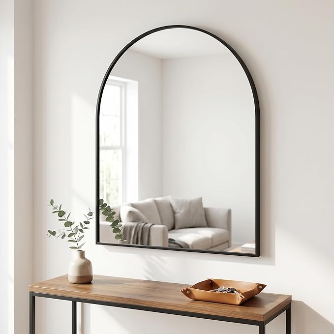 BEAUTYPEAK 26"x28" Arch Bathroom Mirror, Wall Mounted Vanity Metal Frame Mirror for Bedroom, Entryway, Living Room, Black