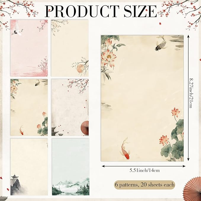 Supervitae 120 Sheet Japanese Stationery Paper for Letter Writing Scrapbook Paper Crafting Printing, 8.27" x 5.51", Double Sided Printing, 6 Watercolor Designs
