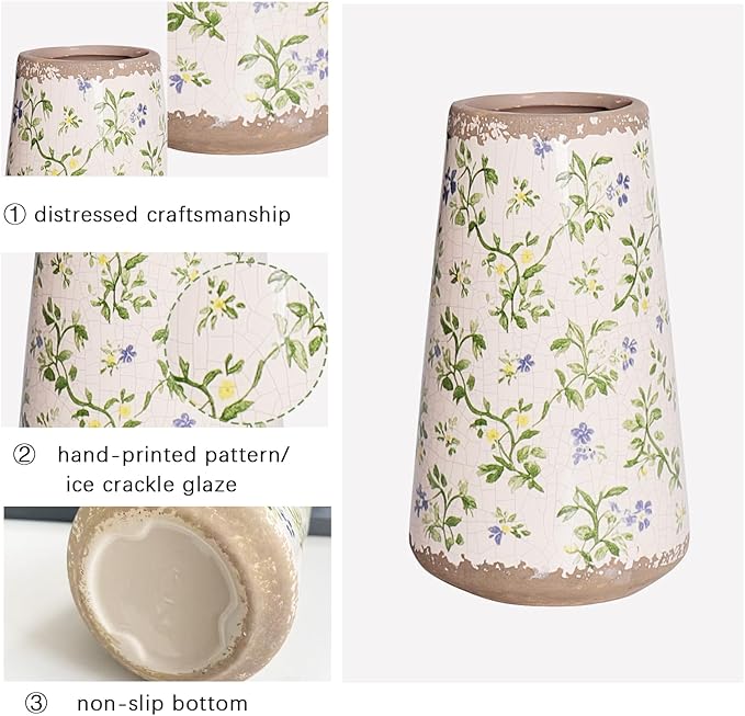 Vintage Ceramic Flower Vase with Floral Crackle Glaze, Rustic Farmhouse Decorative Vase for Home Décor, Table Centerpiece for Mother’s Day, Birthday, or Housewarming