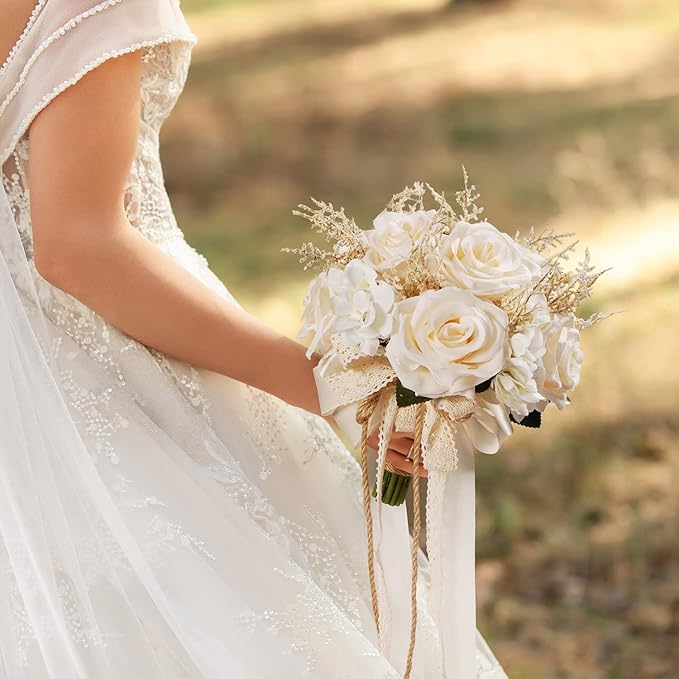 Artificial Plant, 1 Champagne White Rose Bridal Bouquet, 8.6 x 10.2 x 8.6 inches, Wedding Bouquets for Bride, Bridesmaid Bouquets with Silk Ribbon, Decoration