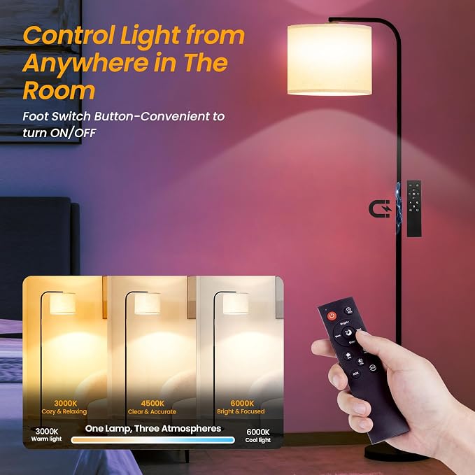 Remote Floor Lamp for Living Room and Bedroom - Modern RGB Standing Lamps Tall with Led Blub and Dimmable Light - Black Arc Room Lights with Shade for Home Decor Office Corner and Reading ( Black+RGB)