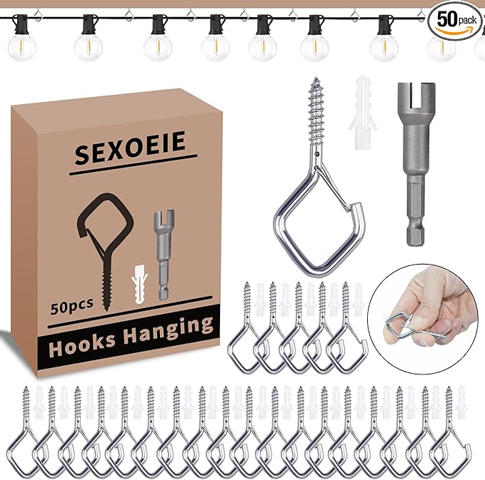 Sexoeie 50 PCS Sliver Eye Screw Hooks for Hanging Heavy Duty with Safety Buckle.Metal Ceiling Hooks for Hanging Plants Cup Wind Chime Bird Feeders Patio Lights at Indoor&Outdoor
