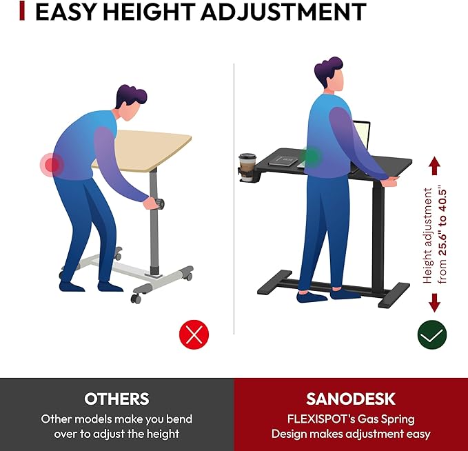 SANODESK Mobile Standing Desk with Hidden Wheels,Pneumatic Laptop Desk Rolling Computer Cart Movable Height Adjustable Small Sit Stand Desk for Home Office(31.5" W x 17.7" D, Black)