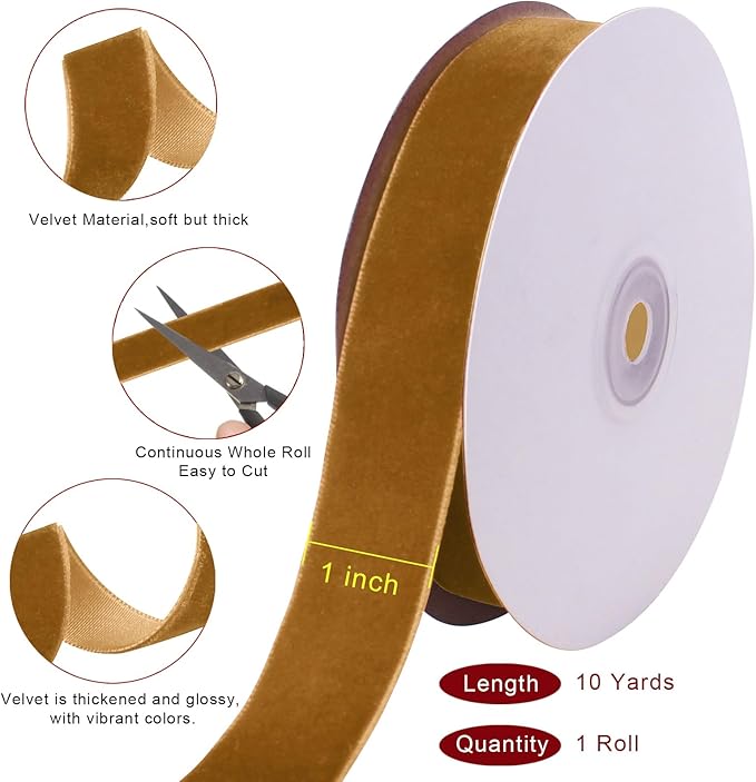 10 Yards Khaki Velvet Ribbon 1 Inch for Christmas Tree,Velvet Christmas Ribbon for Gift Wrapping Crafts Bow Wreath Holiday Decorations (Khaki)