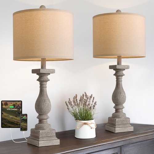 BOBOMOMO Vintage Rustic Farmhouse Table Lamps - USB-A & C Ports, Linen Shade | Set of 2 for Living Room & Bedroom