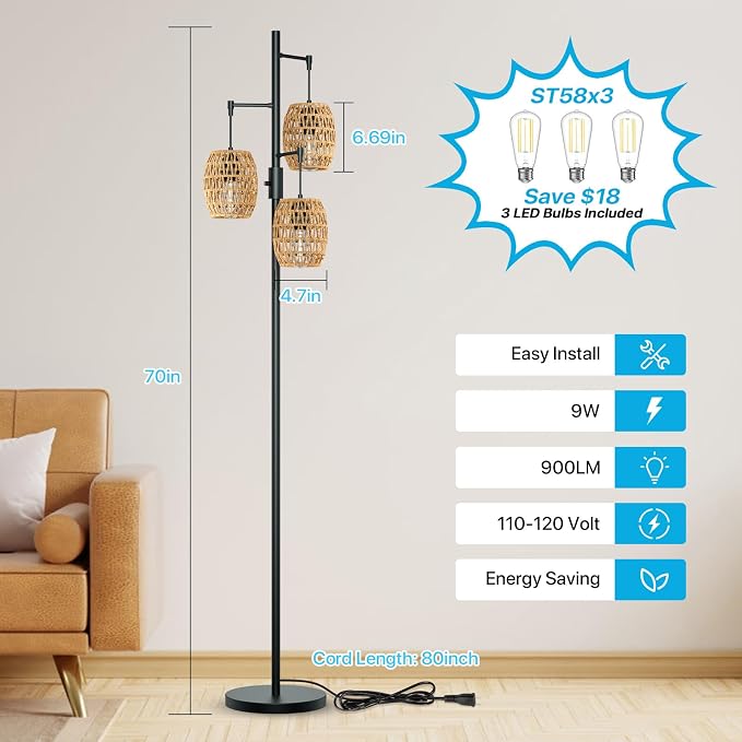 Boho Rattan Floor Lamp - Dimmable 70 Inch with Shades, Coastal 3 Light Bohemian Standing Lamp for Living Room Bedroom Office