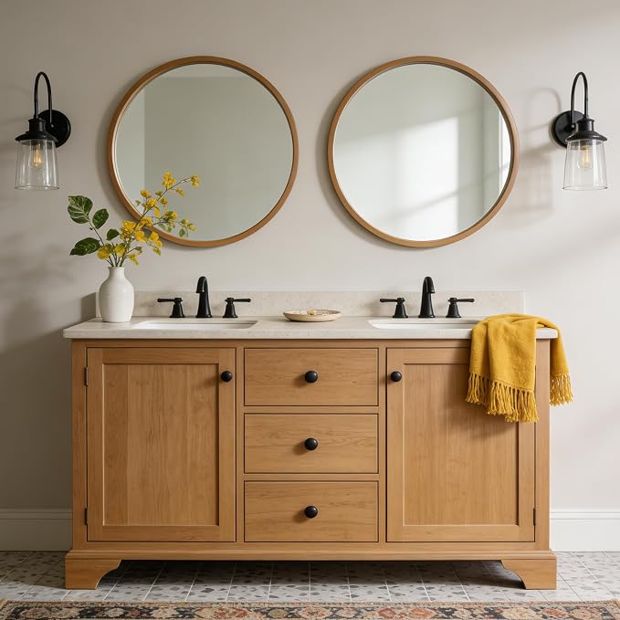 WallBeyond 28 Inch Natural Round Wood Mirror, Large Circle Wooden Frame Wall Mirror for Bathroom, Living Room, Bedroom, Entryway