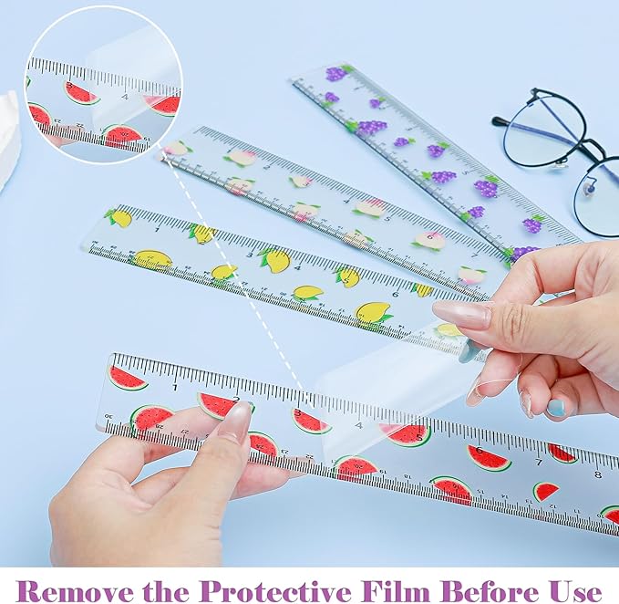 BAYTORY 4Pcs Transparent Acrylic Ruler 12 Inch, Clear Plastic Straight Rulers, Shatterproof Student Stationery Centimeters with Inches, for Classroom Essentials School Supplies (Fruit)
