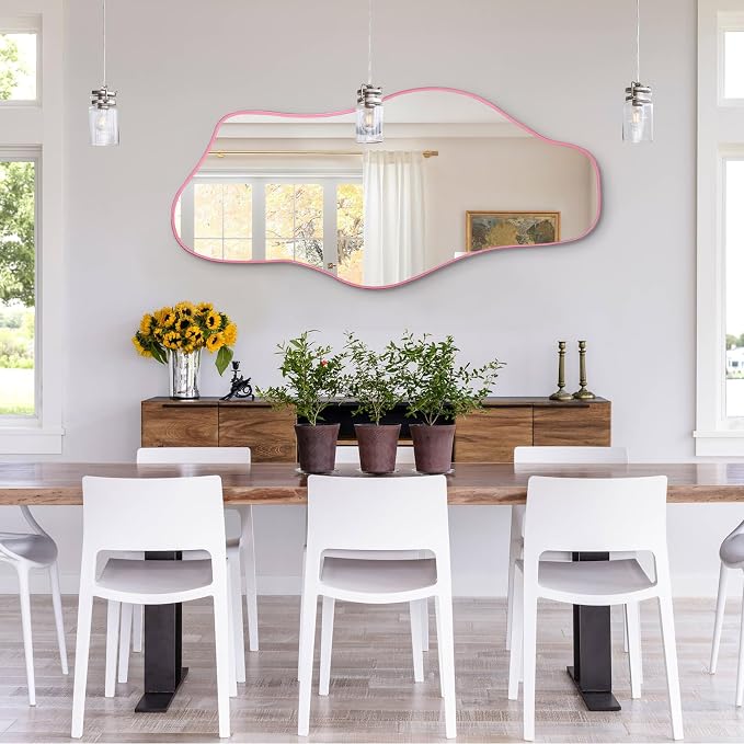 Irregular Mirror Full Length, 67"x31" Pink Asymmetrical Tempered Glass Wall Mirror, Large Organic Frameless Mirrors for Entryway Hallway Bedroom Living Room, Horizontal or Vertical Hanging