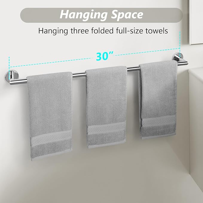 Bath Towel Bar 30 Inch Towel Rack for Bathroom Wall Mounted Bath Towel Holder Modern Towel Rods Chrome Towel Hanger Bathroom Accessories Towel Rails Stainless Steel Single Towel Bars Polished Chrome