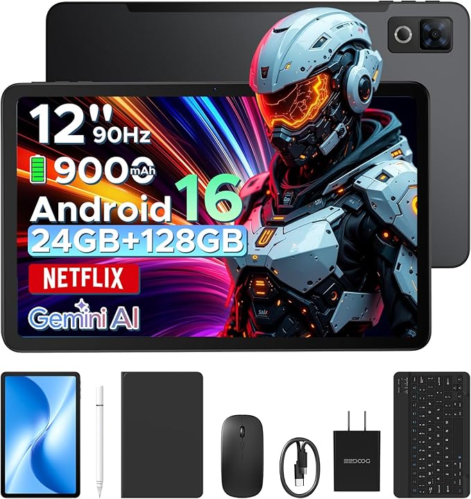 DOOGEE U12 Updated Android 16 Tablet with Keyboard,12 inch Tablet with Gemini AI,24GB+128GB/TF 2TB Octa-Core Gaming Tablets,2K 2000x1200 FHD+IPS,9000mAh/18W,13MP+8MP,Widevine L1,5G WiFi,Metal Body